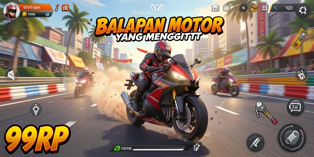 Tampilan gameplay 99RP dengan motor balap di trek yang mendebarkan.