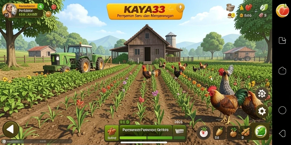 Screenshot gameplay KAYA33 menunjukkan kebun yang subur dan hewan ternak.