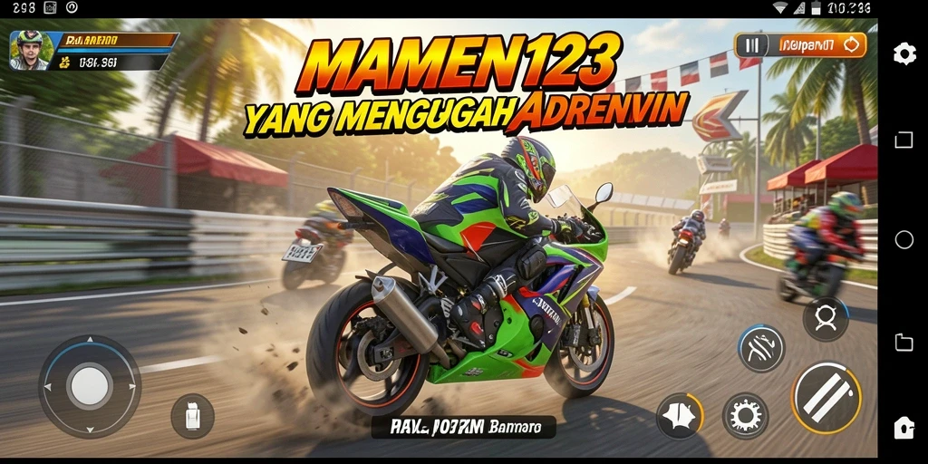 Screenshot gameplay MAMEN123 menampilkan balapan motor yang mendebarkan.