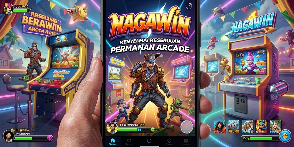 Tangkapan layar utama NAGAWIN memperlihatkan aksi seru permainan arcade.