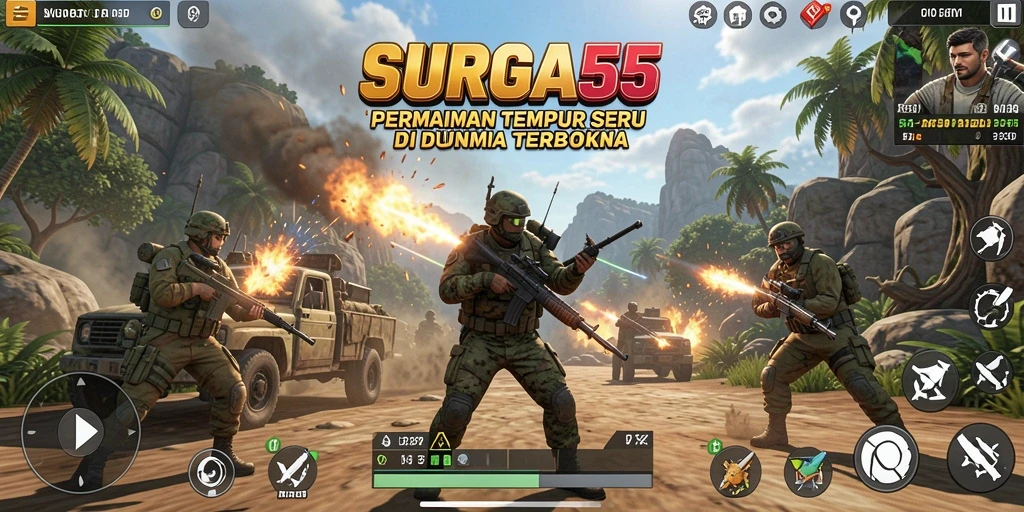 Tampilan gameplay <strong>SURGA55</strong> dengan aksi tembak-menembak yang intens.